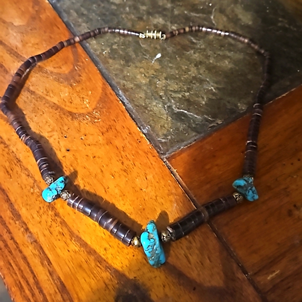 Vintage Navajo Beaded Necklace with Brown Heishi and Turquoise